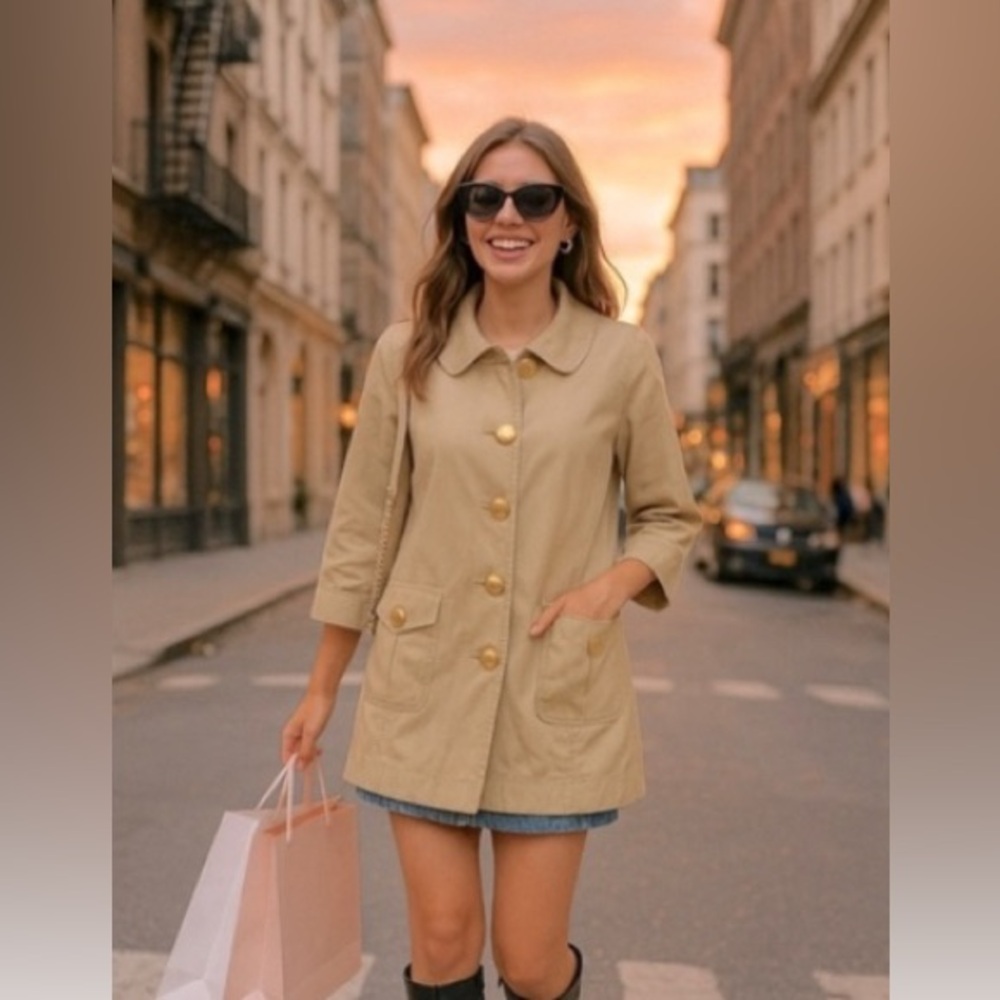 Juicy Couture Y2K Tan Trench Coat Gold Accents 3/4 Sleeve Women’s Medium EUC